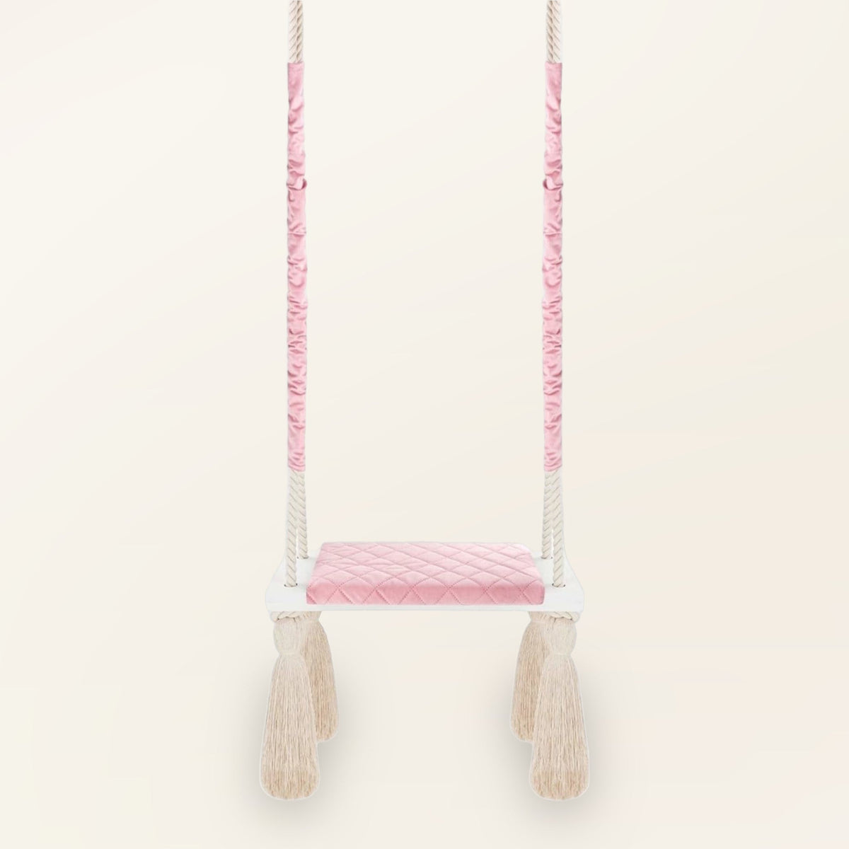 Balançoire enfant planche bois et velours rose, vue de face avec coussin d'assise matelassé