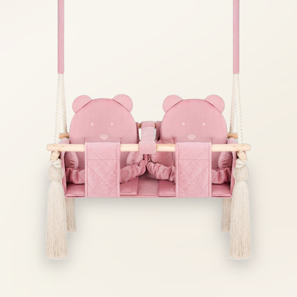 Balançoire double jumeaux en velours rose, vue de face : deux sièges au motif ourson