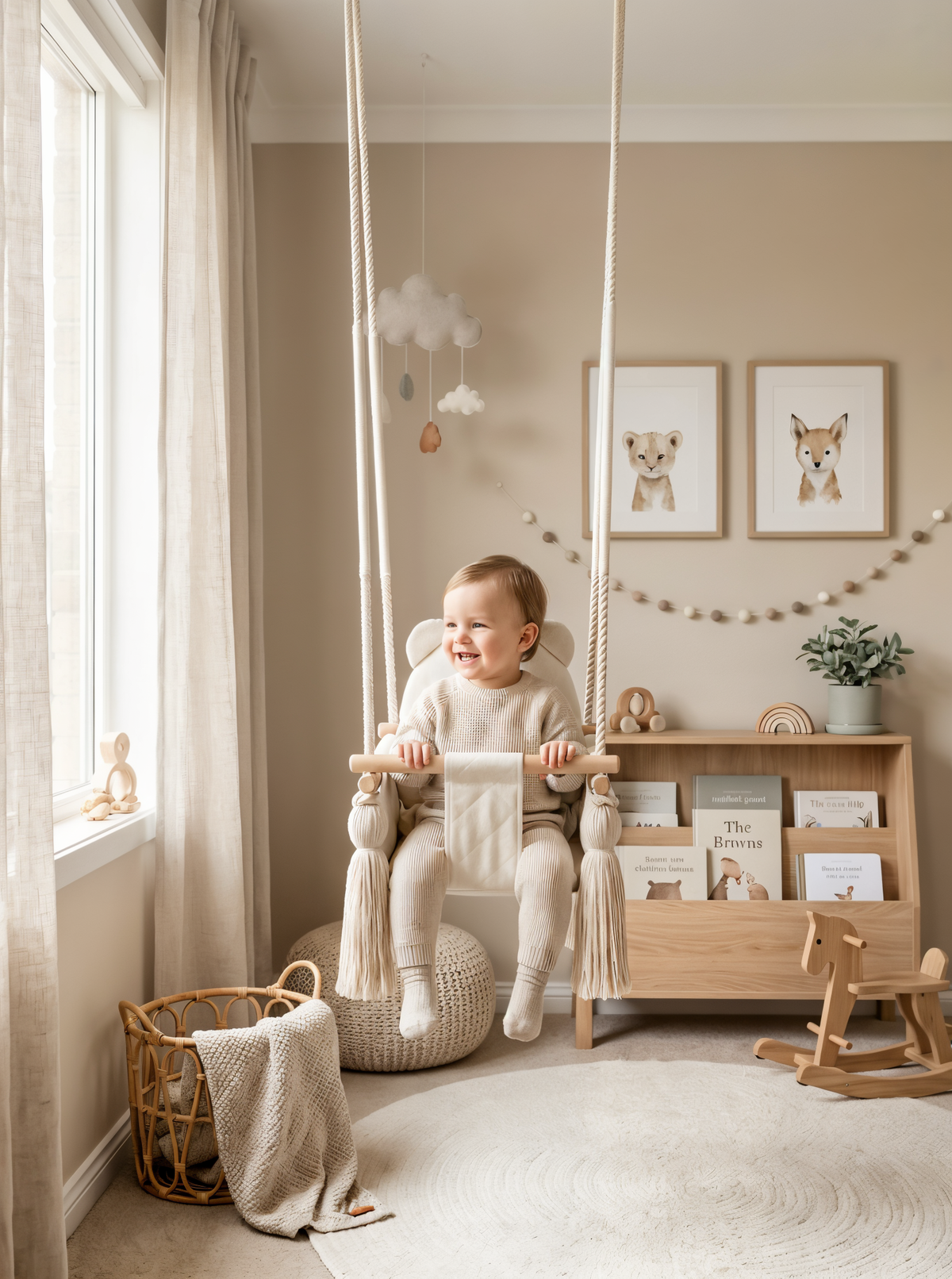 Enfant souriant sur une balançoire bébé en velours beige dans une chambre lumineuse