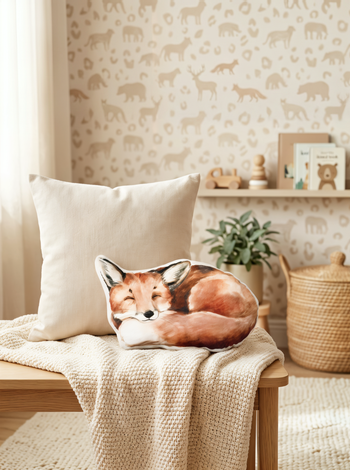Coussin enfant renard en velours sur un banc dans une chambre d'enfant