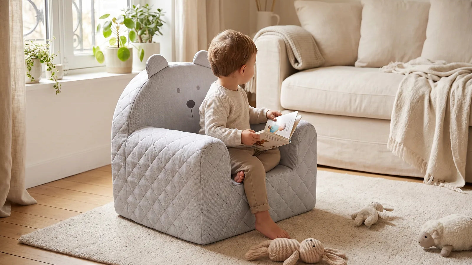 Un enfant de 2 ans et demi lit un livre assis dans un fauteuil gris en forme d’ourson, dans un salon lumineux