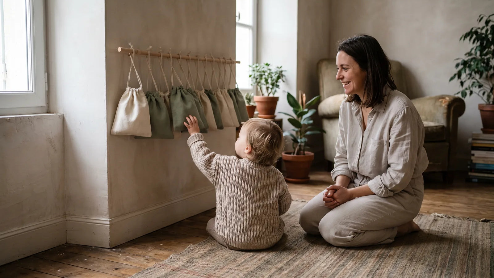 Enfant tendant la main vers des pochettes en tissu suspendues à une tringle, une femme souriante assise au sol à côté de lui