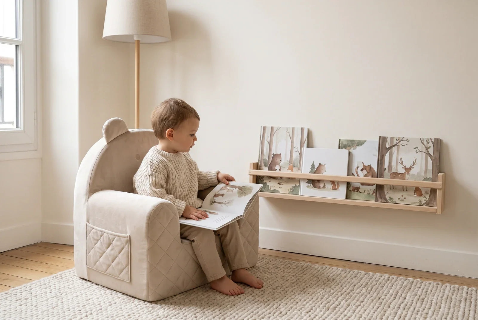 Un tout-petit assis dans le fauteuil ourson en velours beige lit un album, à côté d'une étagère à albums posée bas sur le mur