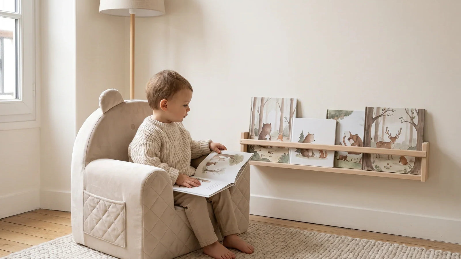 Un tout-petit assis dans le fauteuil ourson en velours beige lit un album, à côté d'une étagère à albums posée bas sur le mur
