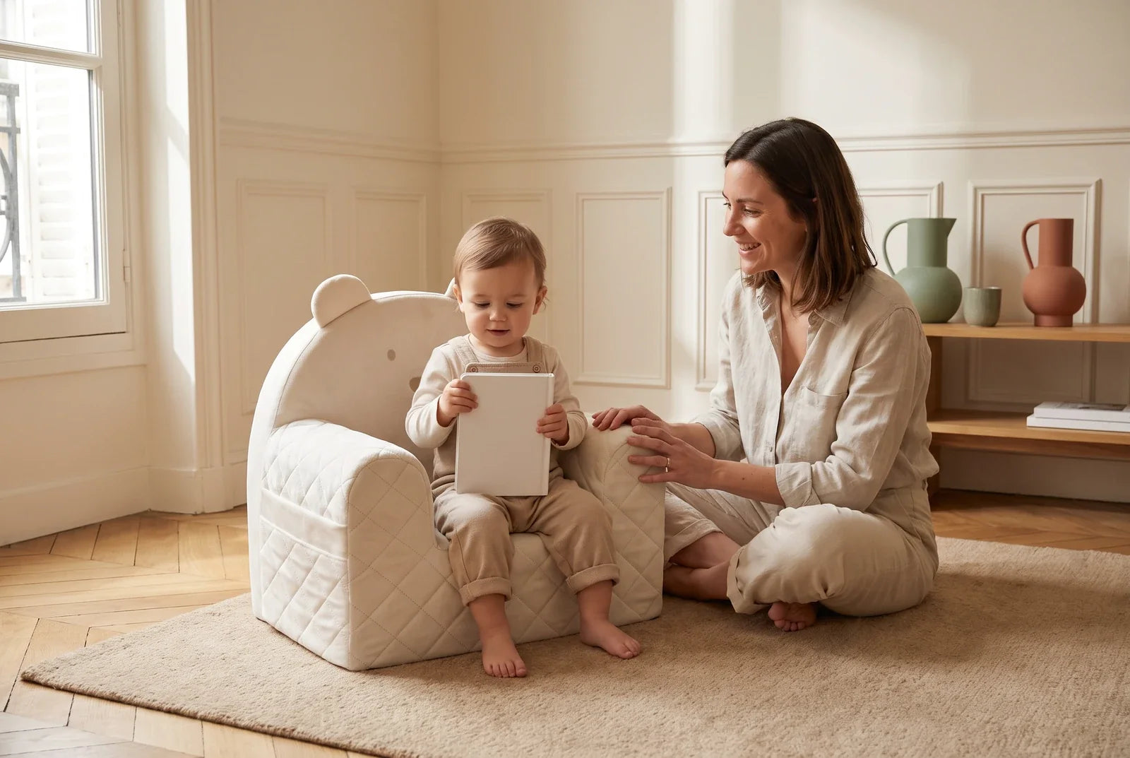 Enfant d’environ 15 mois assis dans un fauteuil bébé ourson en velours beige avec un livre, sa mère assise sur le tapis