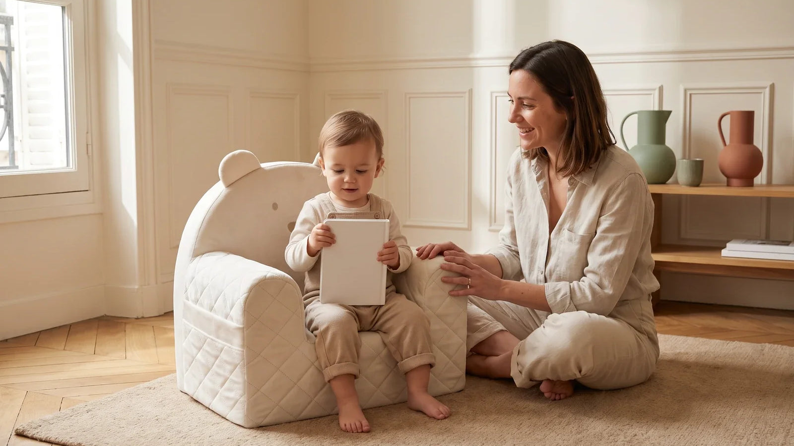 Enfant d’environ 15 mois assis dans un fauteuil bébé ourson en velours beige avec un livre, sa mère assise sur le tapis