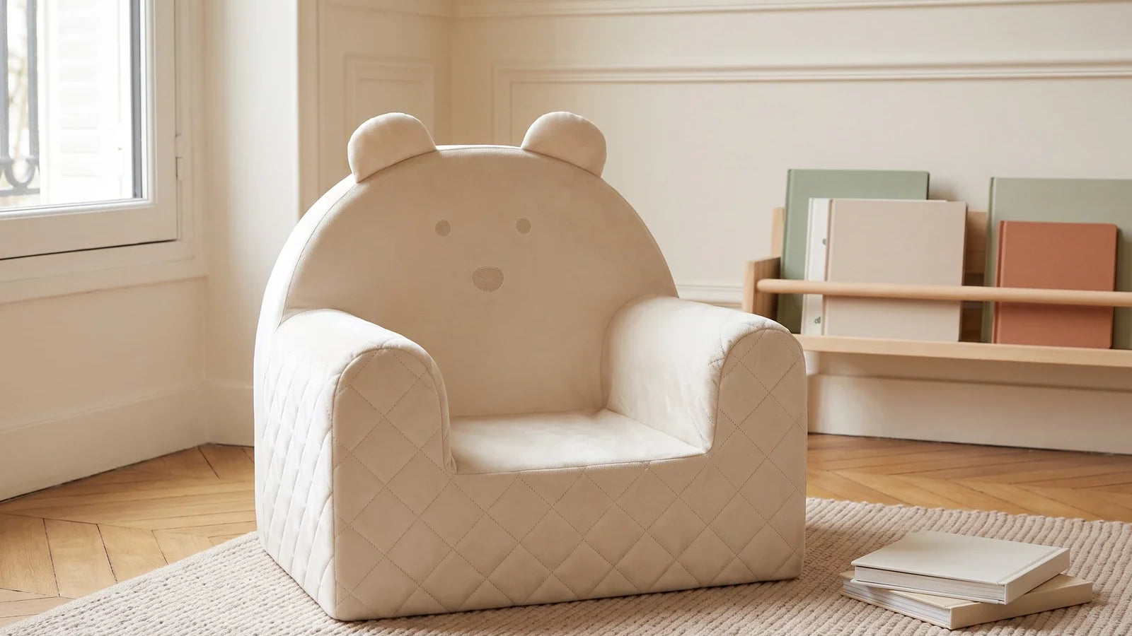 Fauteuil bébé ourson en velours beige dans un coin lecture lumineux, avec une étagère à livres et un tapis