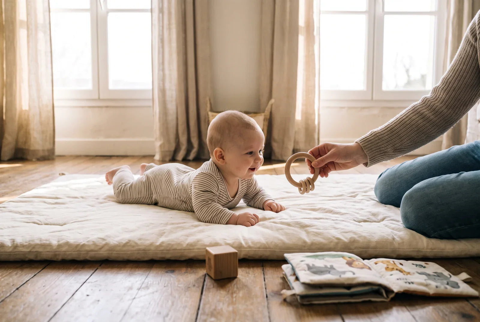 Bébé de six mois allongé sur le ventre sur un tapis crème, tendant la main vers un anneau en bois tenu par un adulte