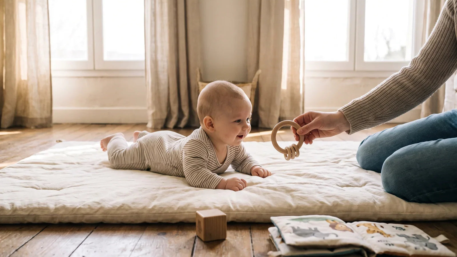Bébé de six mois allongé sur le ventre sur un tapis crème, tendant la main vers un anneau en bois tenu par un adulte