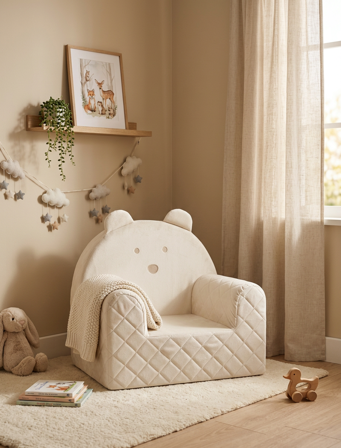 Fauteuil bébé ourson en velours beige dans une chambre d'enfant