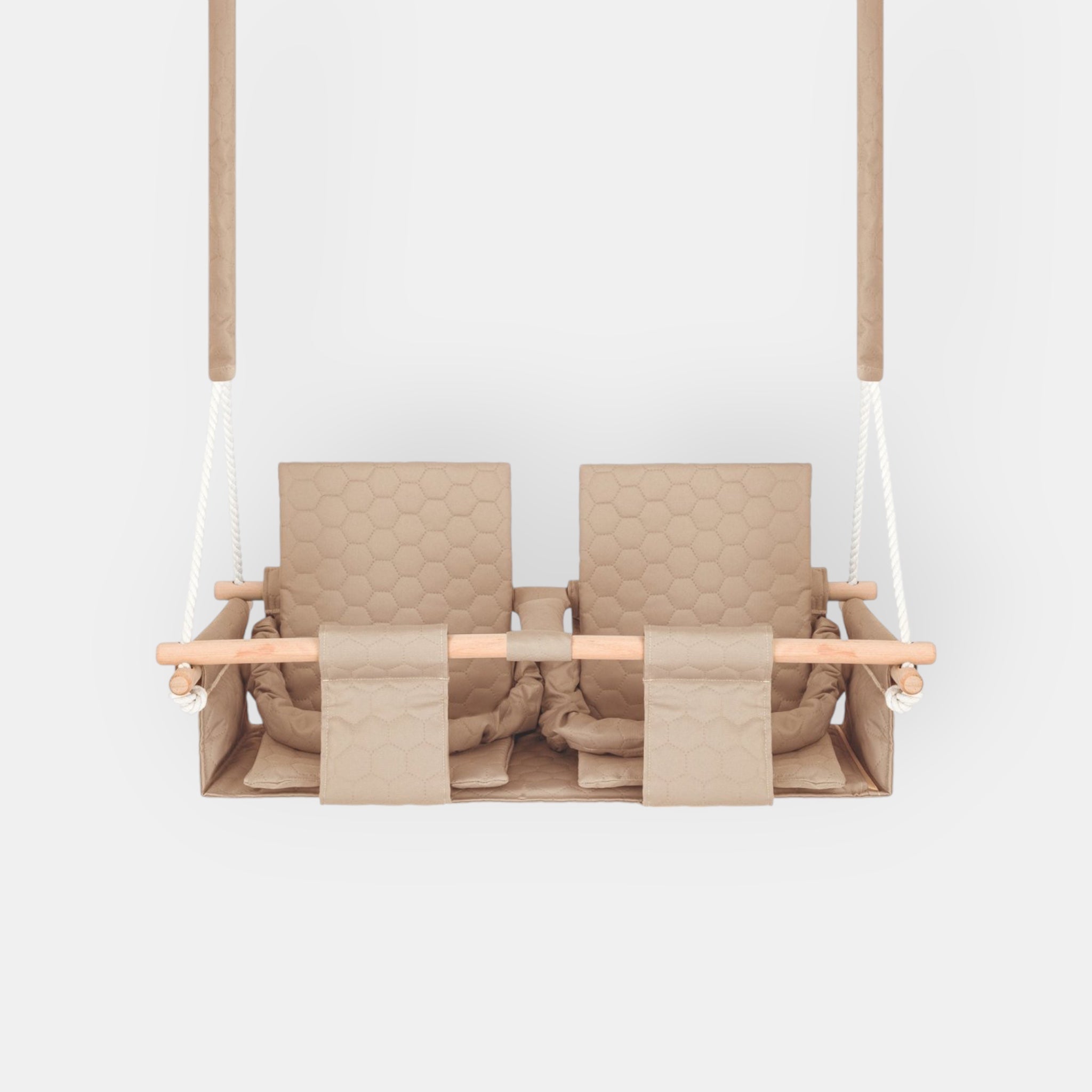 Balançoire Double Jumeaux Bois Beige Imperméable Résistante Salissures avec Sangles Sécurité