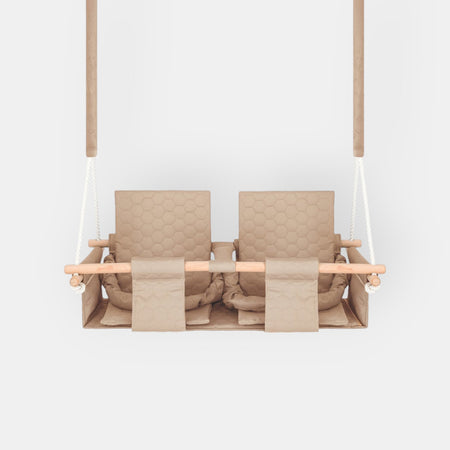Balançoire Double Jumeaux Bois Beige Imperméable Résistante Salissures avec Sangles Sécurité