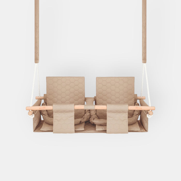 Balançoire Double Jumeaux Bois Beige Imperméable Résistante Salissures avec Sangles Sécurité