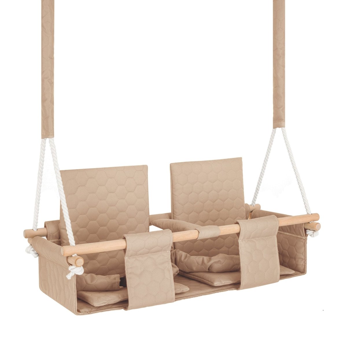Balançoire double jumeaux imperméable beige, vue de trois quarts : double siège et barre de maintien en bois