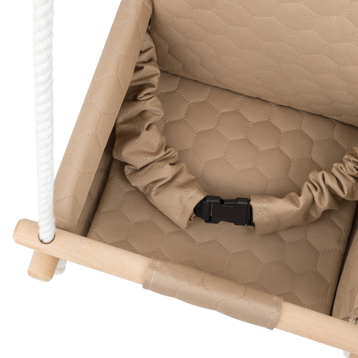 Balançoire double jumeaux imperméable beige, intérieur du siège avec boucle de sécurité et rembourrage matelassé