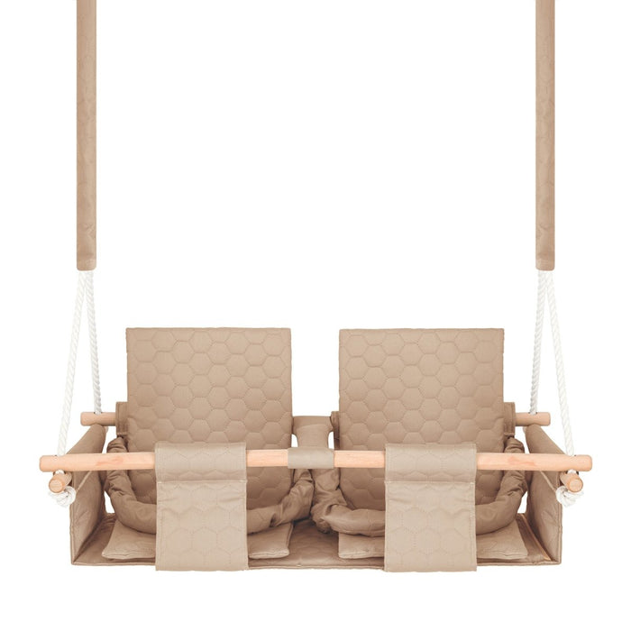 Balançoire Double Jumeaux Bois Beige Imperméable Résistante Salissures avec Sangles Sécurité