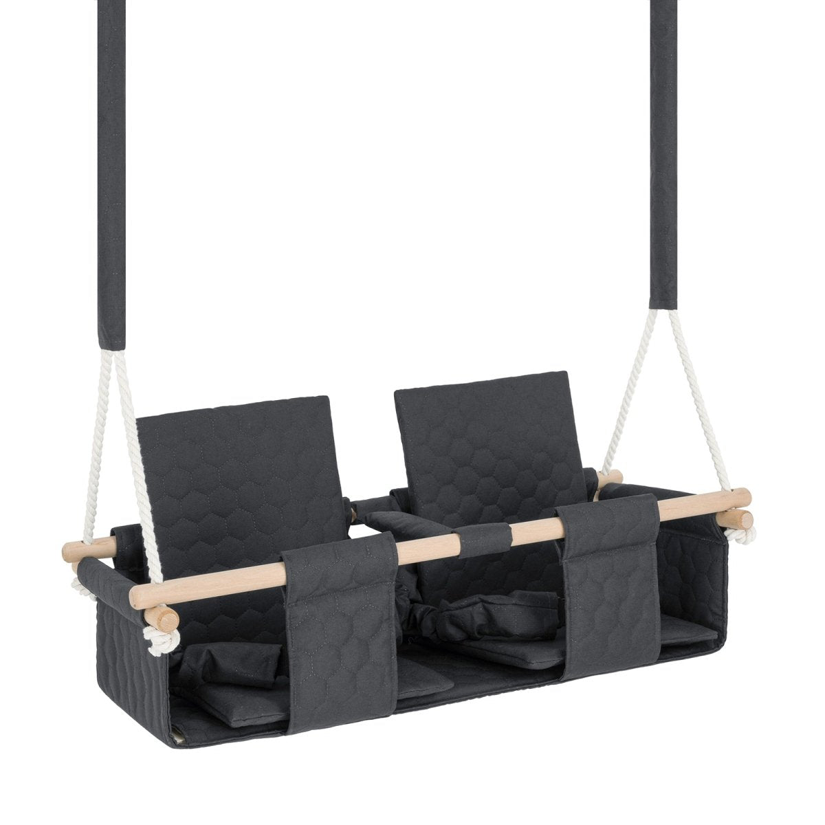 Balançoire double jumeaux imperméable gris foncé, vue de trois quarts : double siège et barre de maintien en bois