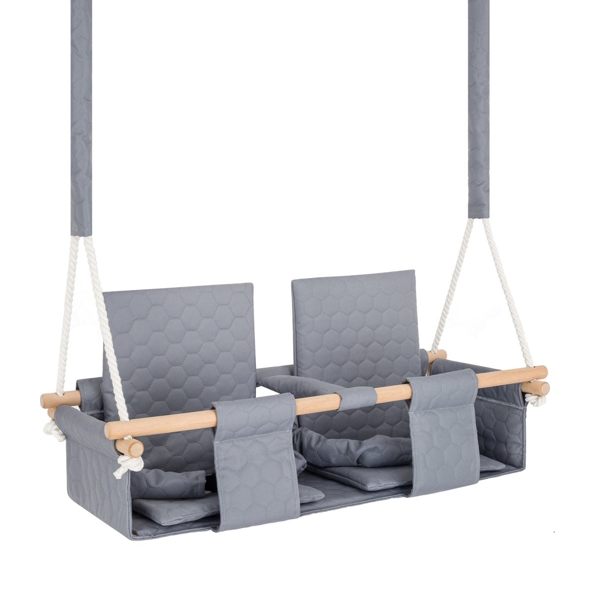 Balançoire double jumeaux imperméable gris clair, vue de trois quarts : double siège et barre de maintien en bois