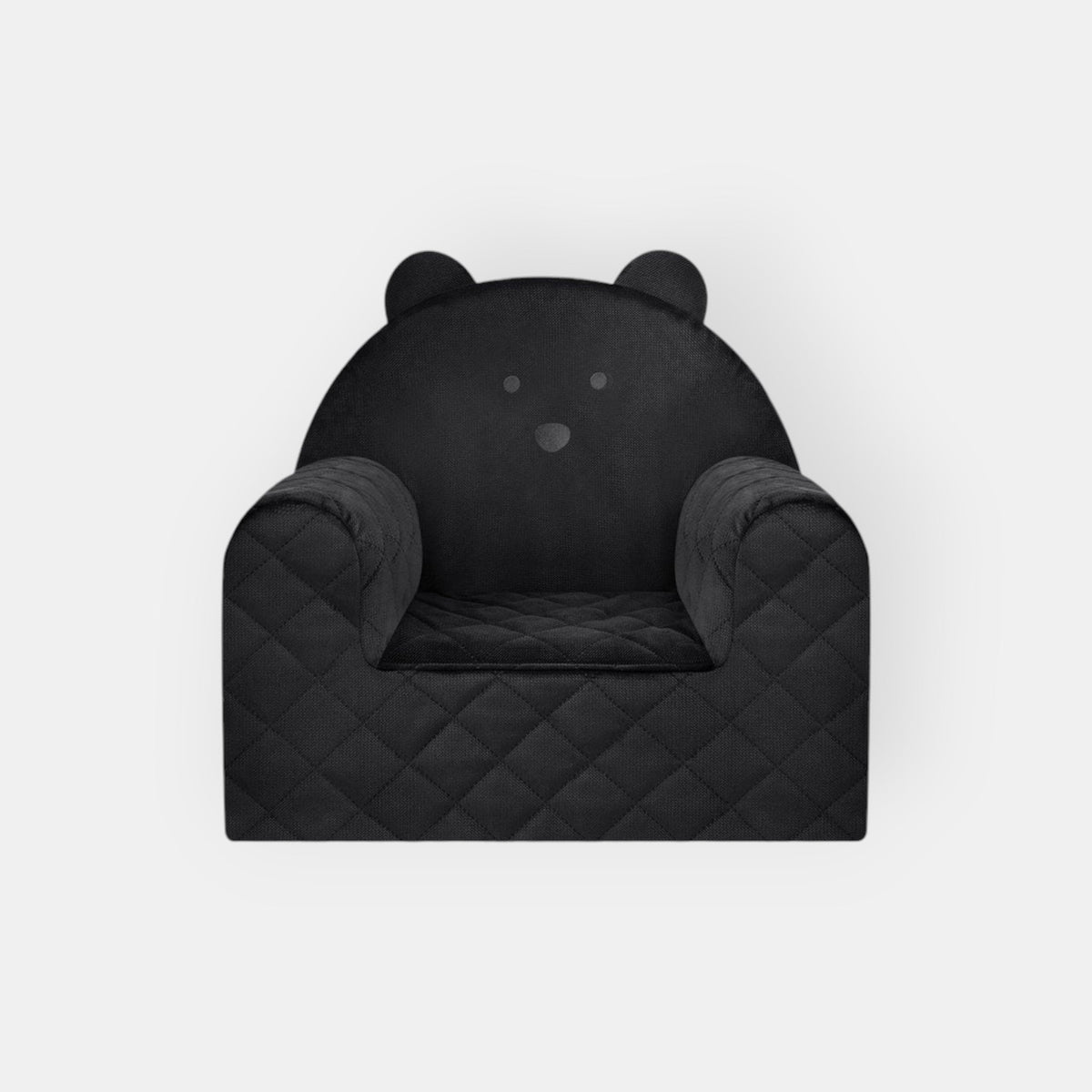 Fauteuil bébé ourson en velours noir, vue de face : oreilles d'ourson et housse matelassée