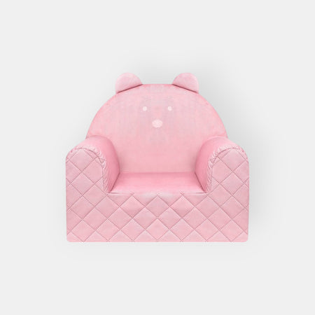 Fauteuil Enfant Ours Velours Rose avec Poches Rangement