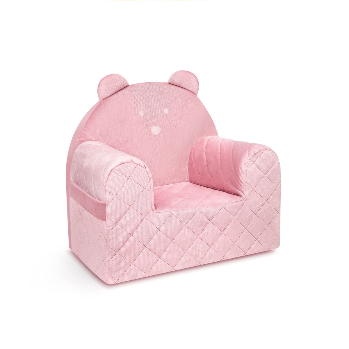 Fauteuil bébé ourson en velours rose, vue de trois quarts : accoudoirs et dossier matelassé