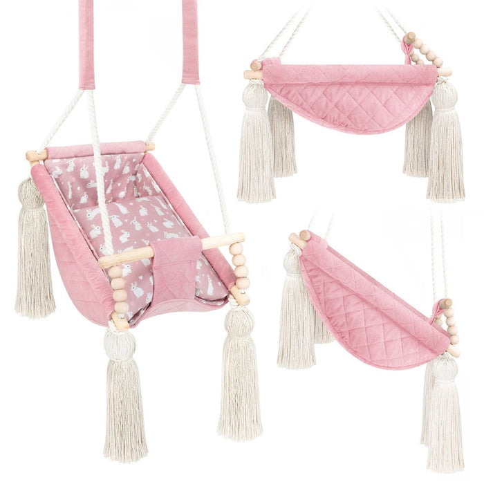 Hamac Bébé Nouveau-né 3-en-1 Velours Rose avec Sangles Sécurité Personnalisable