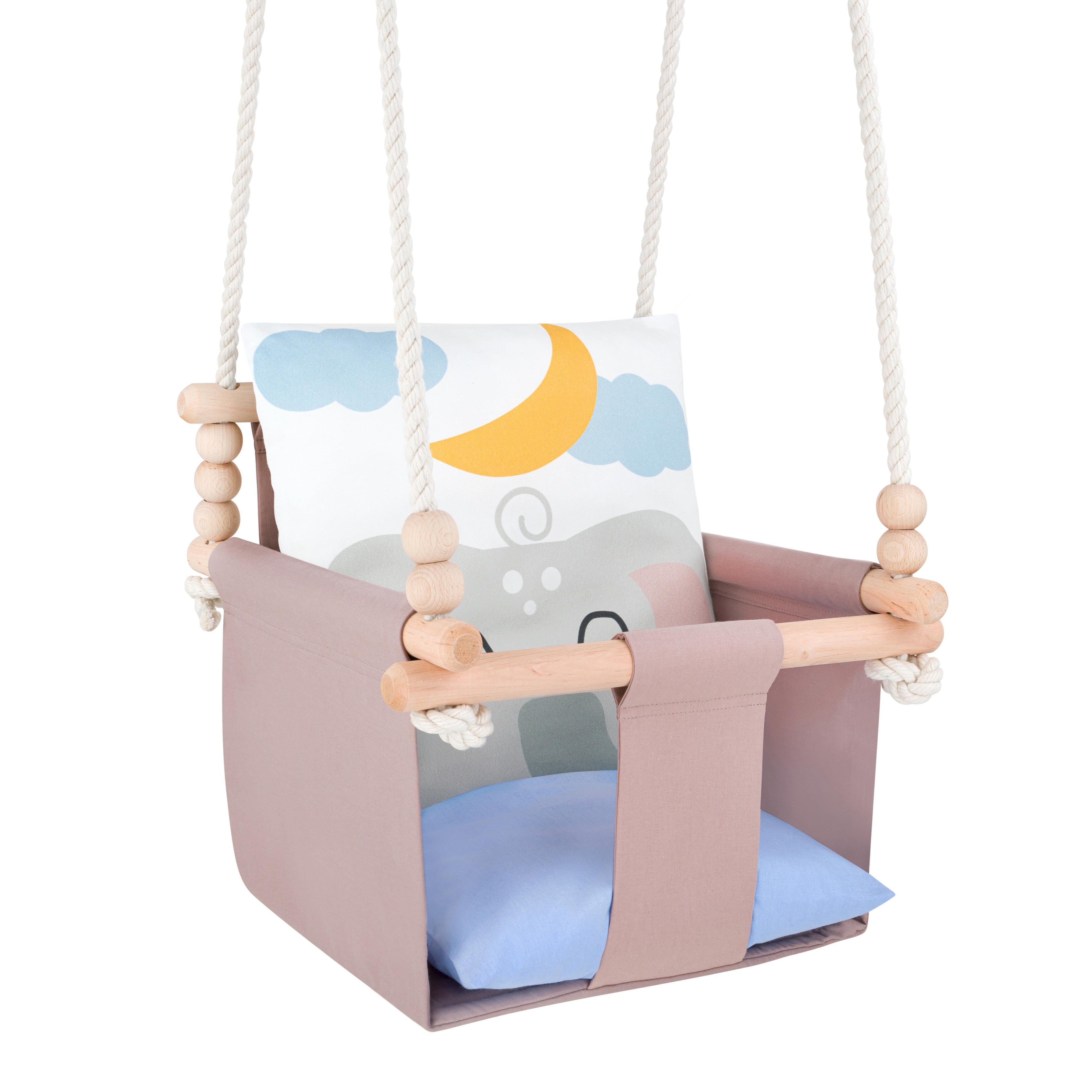 Balançoire Bébé Intérieur Éléphant Safari Siège Berçant Coton avec Coussins Décoratifs