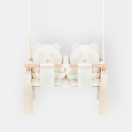 Balançoire Double Jumeaux Velours Beige Capitonné avec Sangles Sécurité Personnalisable