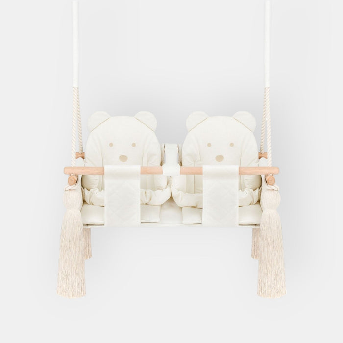 Balançoire Double Jumeaux Velours Beige Capitonné avec Sangles Sécurité Personnalisable