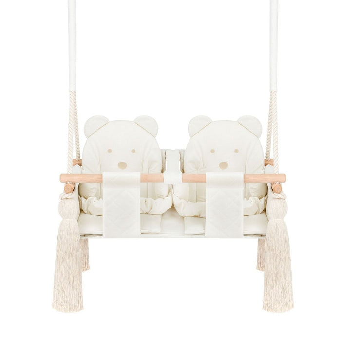 Balançoire Double Jumeaux Velours Beige Capitonné avec Sangles Sécurité Personnalisable