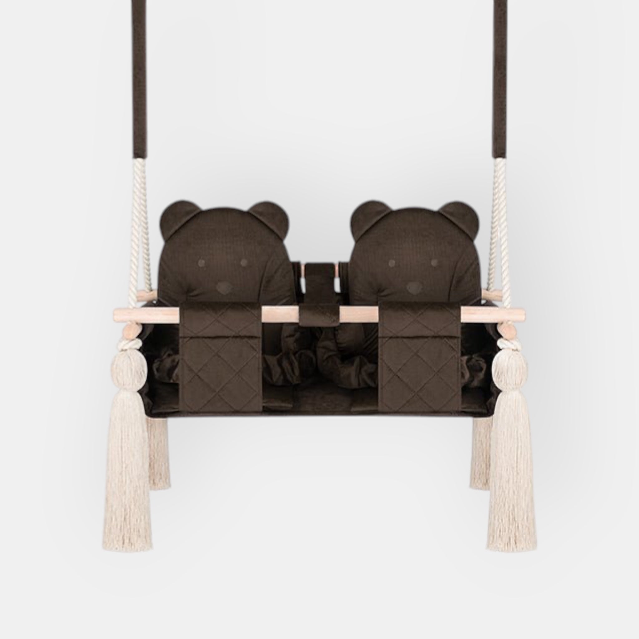 Balançoire Double Jumeaux Velours Marron Capitonné avec Sangles Sécurité Personnalisable