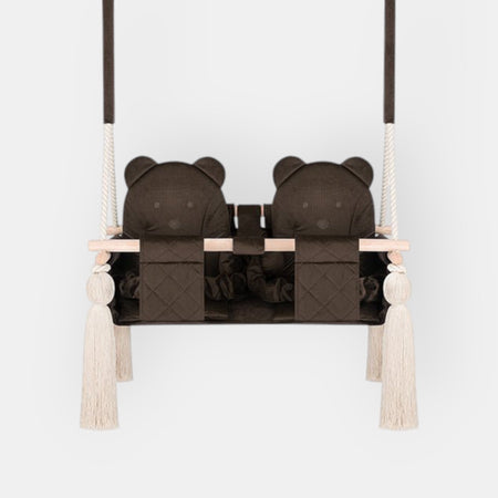 Balançoire Double Jumeaux Velours Marron Capitonné avec Sangles Sécurité Personnalisable