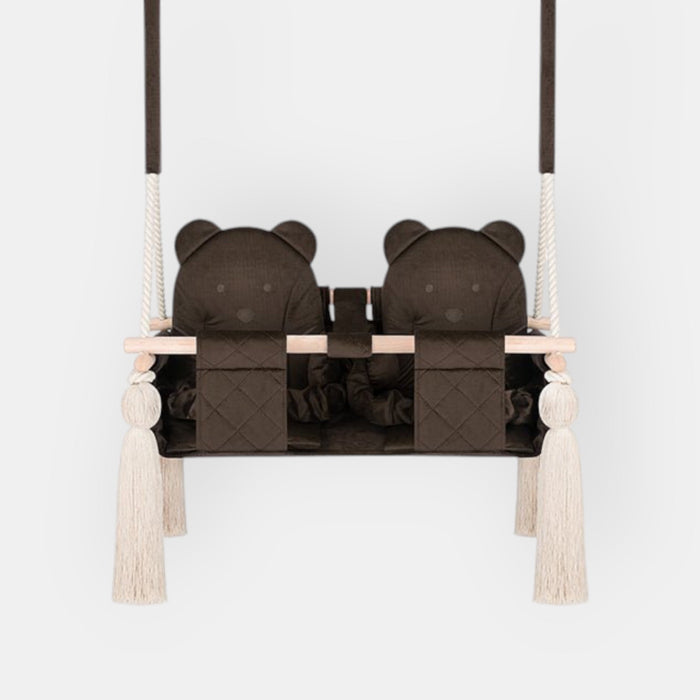 Balançoire Double Jumeaux Velours Marron Capitonné avec Sangles Sécurité Personnalisable