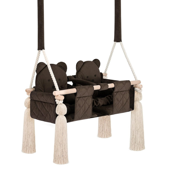Balançoire Double Jumeaux Velours Marron Capitonné avec Sangles Sécurité Personnalisable