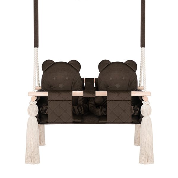 Balançoire Double Jumeaux Velours Marron Capitonné avec Sangles Sécurité Personnalisable