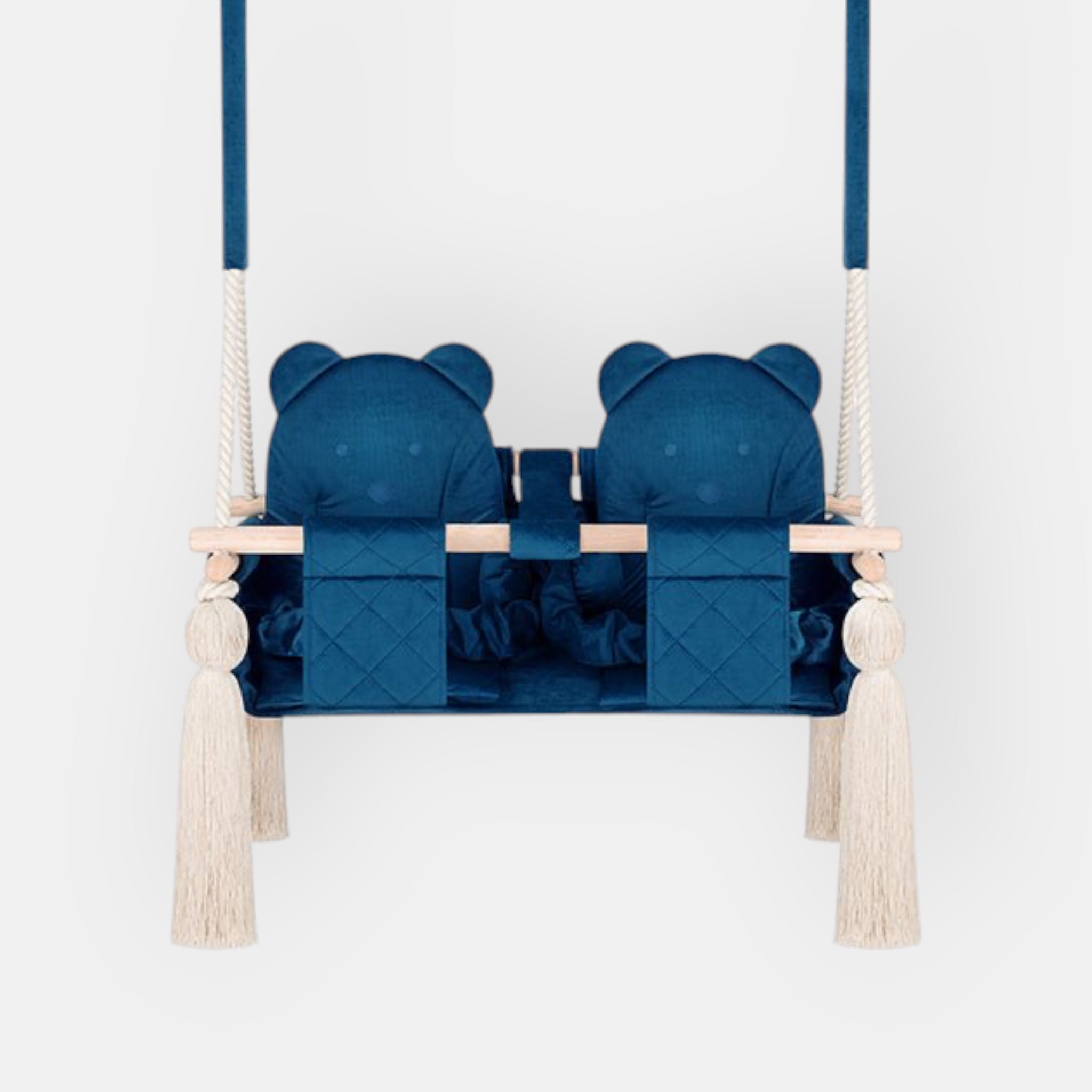 Balançoire Double Jumeaux Velours Bleu Foncé Capitonné avec Sangles Sécurité Personnalisable
