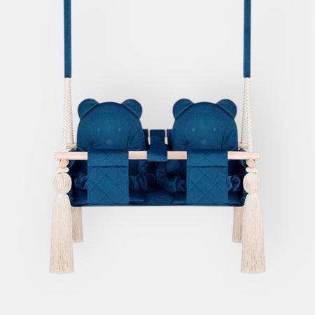 Balançoire Double Jumeaux Velours Bleu Foncé Capitonné avec Sangles Sécurité Personnalisable