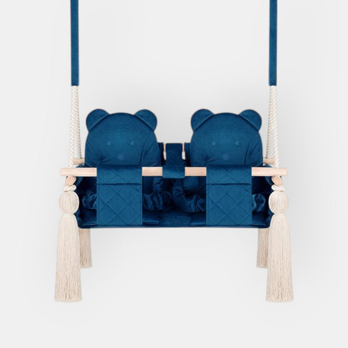 Balançoire Double Jumeaux Velours Bleu Foncé Capitonné avec Sangles Sécurité Personnalisable