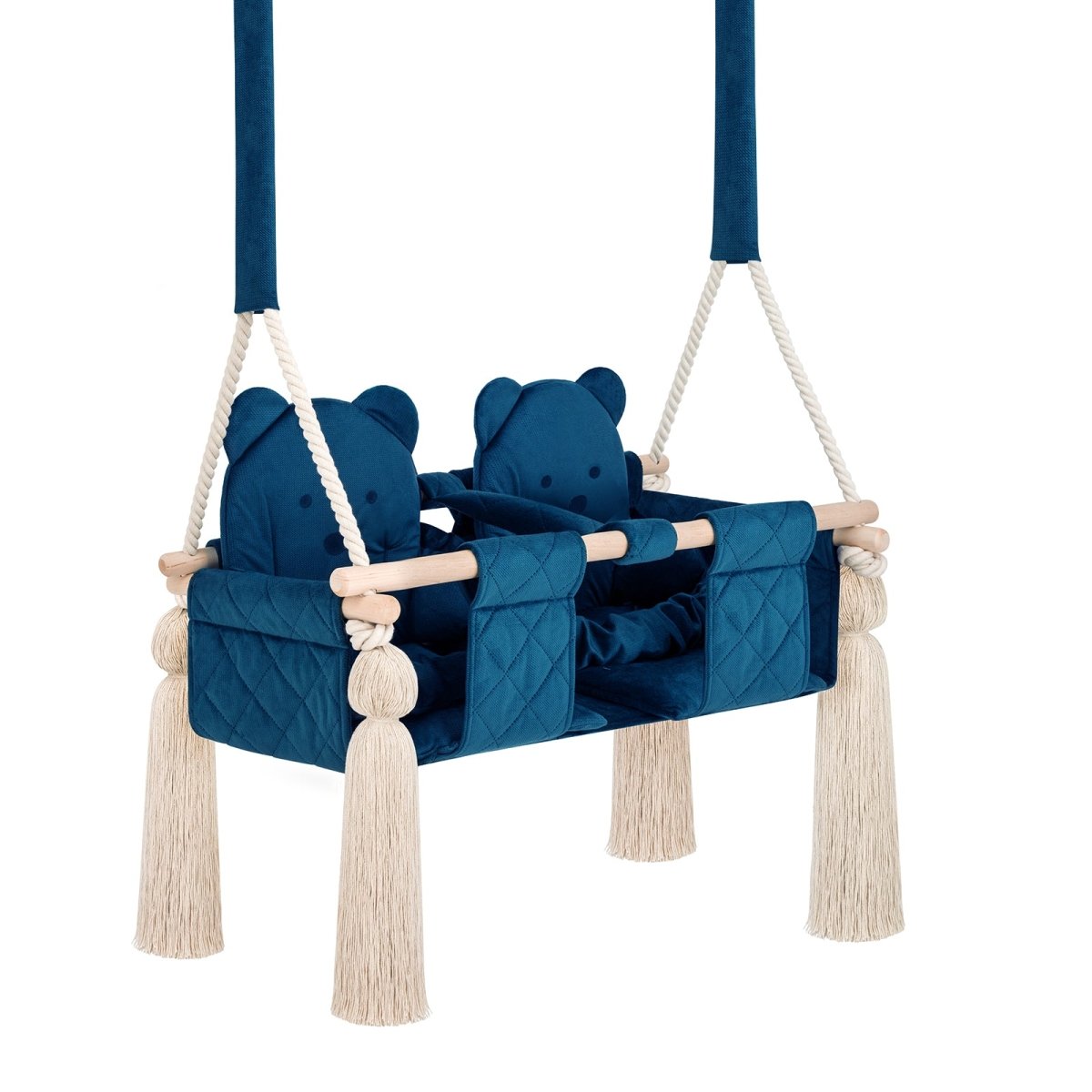 Balançoire double jumeaux en velours bleu foncé, vue de trois quarts : double siège matelassé et cordes