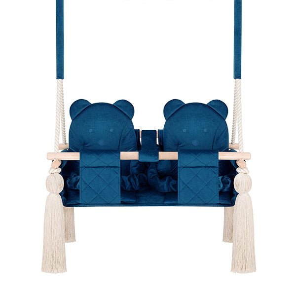 Balançoire Double Jumeaux Velours Bleu Foncé Capitonné avec Sangles Sécurité Personnalisable