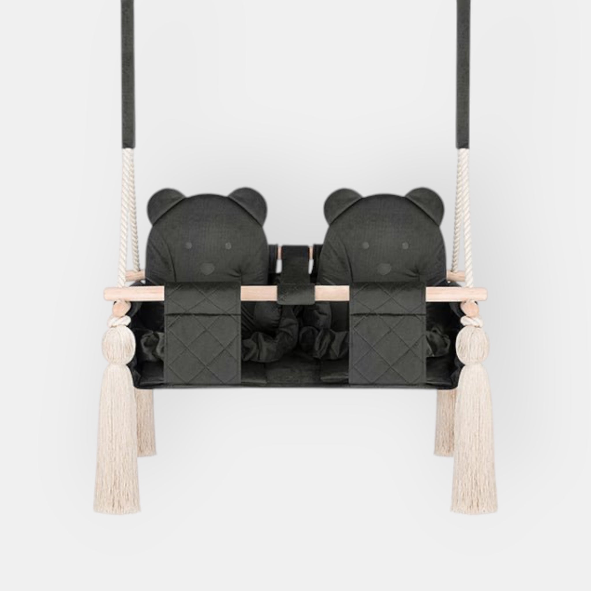 Balançoire double jumeaux en velours gris foncé, vue de face : double siège, barre en bois et pompons