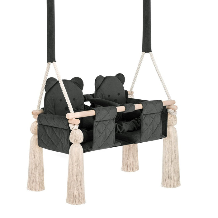 Balançoire Double Jumeaux Velours Gris Foncé Capitonné avec Sangles Sécurité Personnalisable