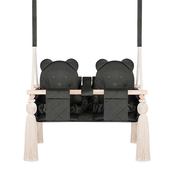 Balançoire Double Jumeaux Velours Gris Foncé Capitonné avec Sangles Sécurité Personnalisable