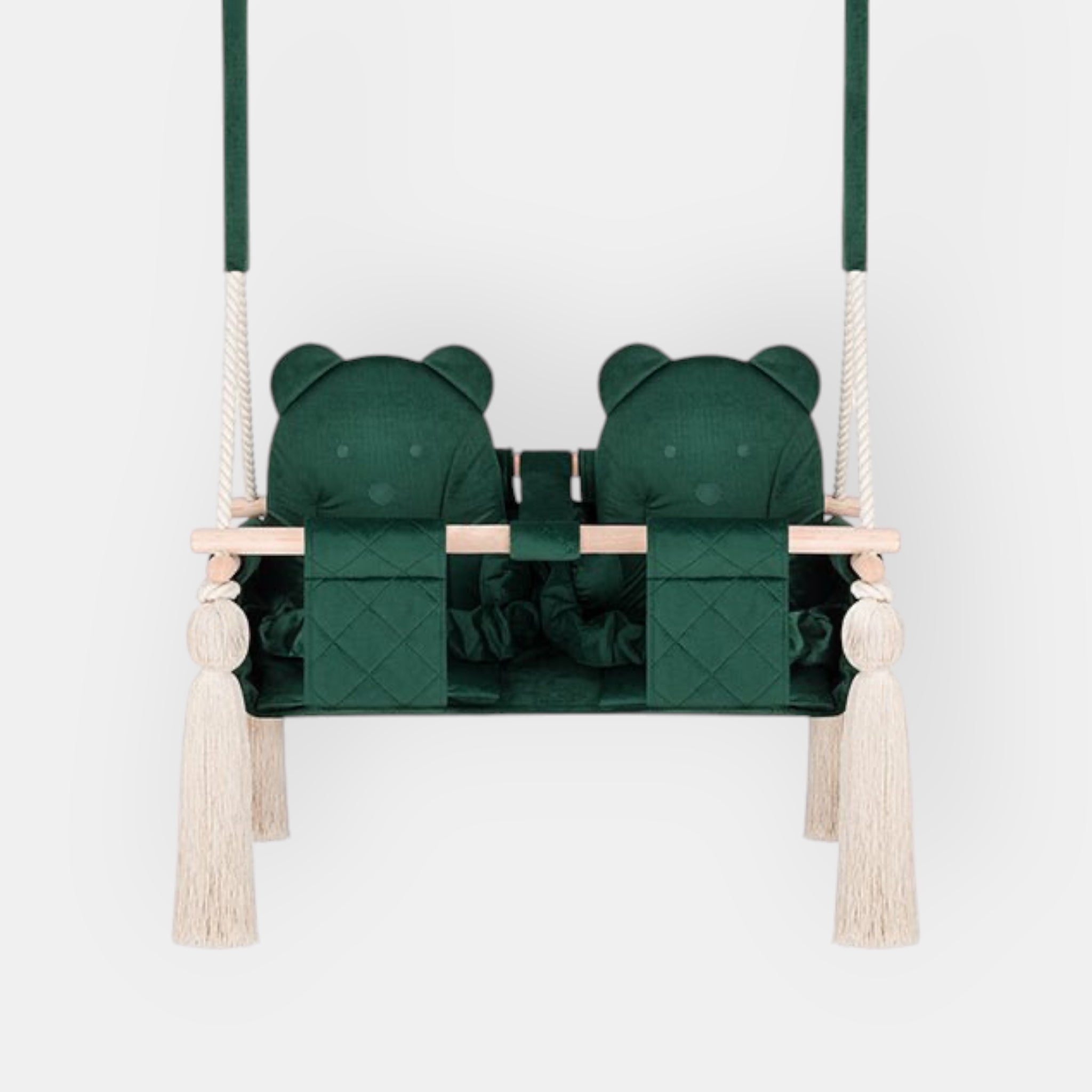 Balançoire Double Jumeaux Velours Vert Capitonné avec Sangles Sécurité Personnalisable