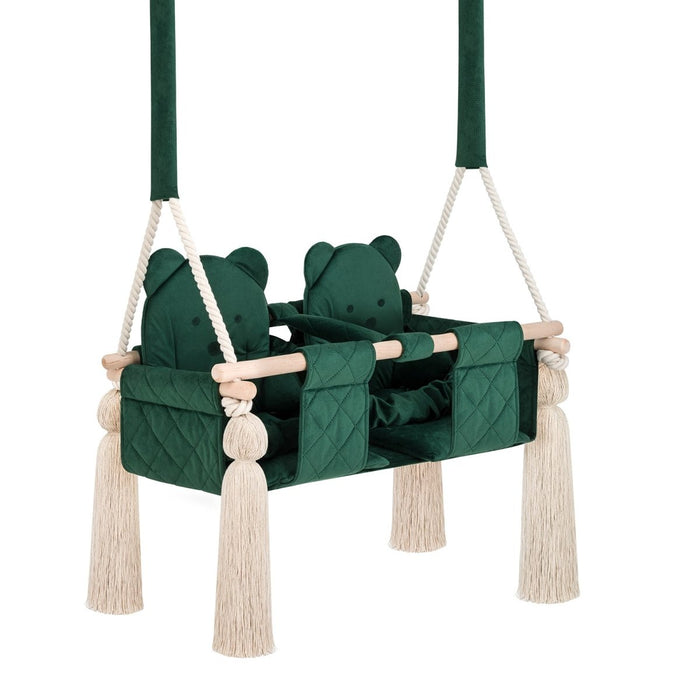 Balançoire Double Jumeaux Velours Vert Capitonné avec Sangles Sécurité Personnalisable