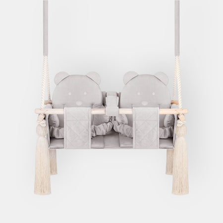 Balançoire Double Jumeaux Velours Gris Clair Capitonné avec Sangles Sécurité Personnalisable