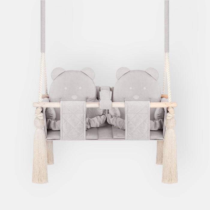 Balançoire Double Jumeaux Velours Gris Clair Capitonné avec Sangles Sécurité Personnalisable