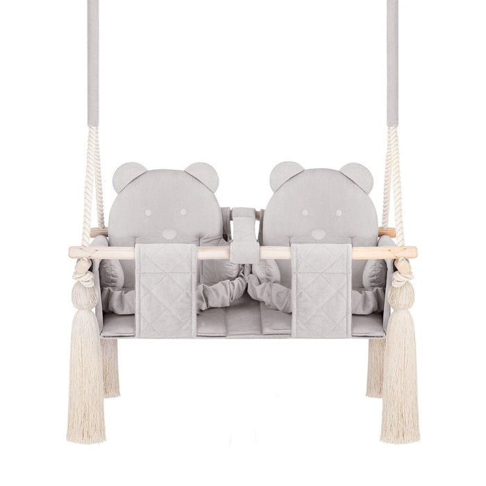Balançoire Double Jumeaux Velours Gris Clair Capitonné avec Sangles Sécurité Personnalisable
