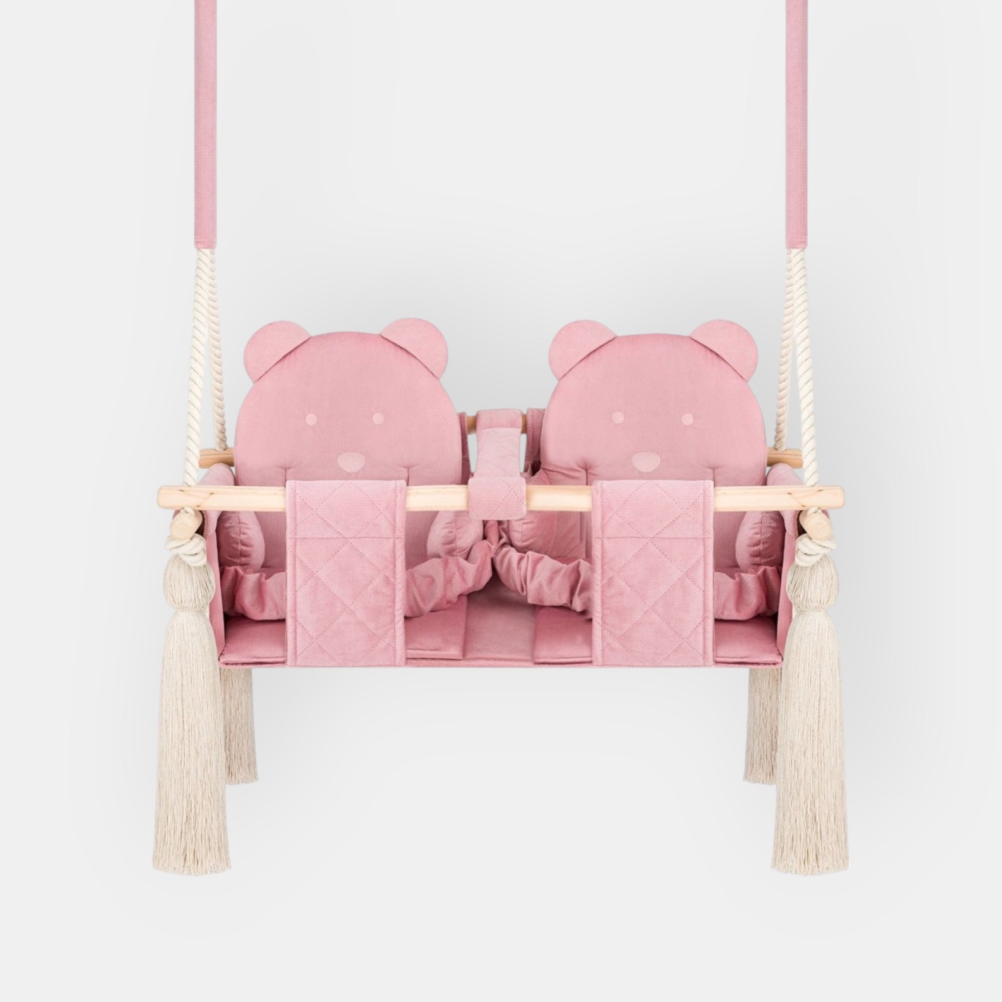 Balançoire Double Jumeaux Velours Rose Capitonné avec Sangles Sécurité Personnalisable