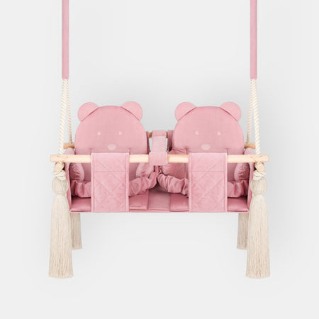 Balançoire Double Jumeaux Velours Rose Capitonné avec Sangles Sécurité Personnalisable